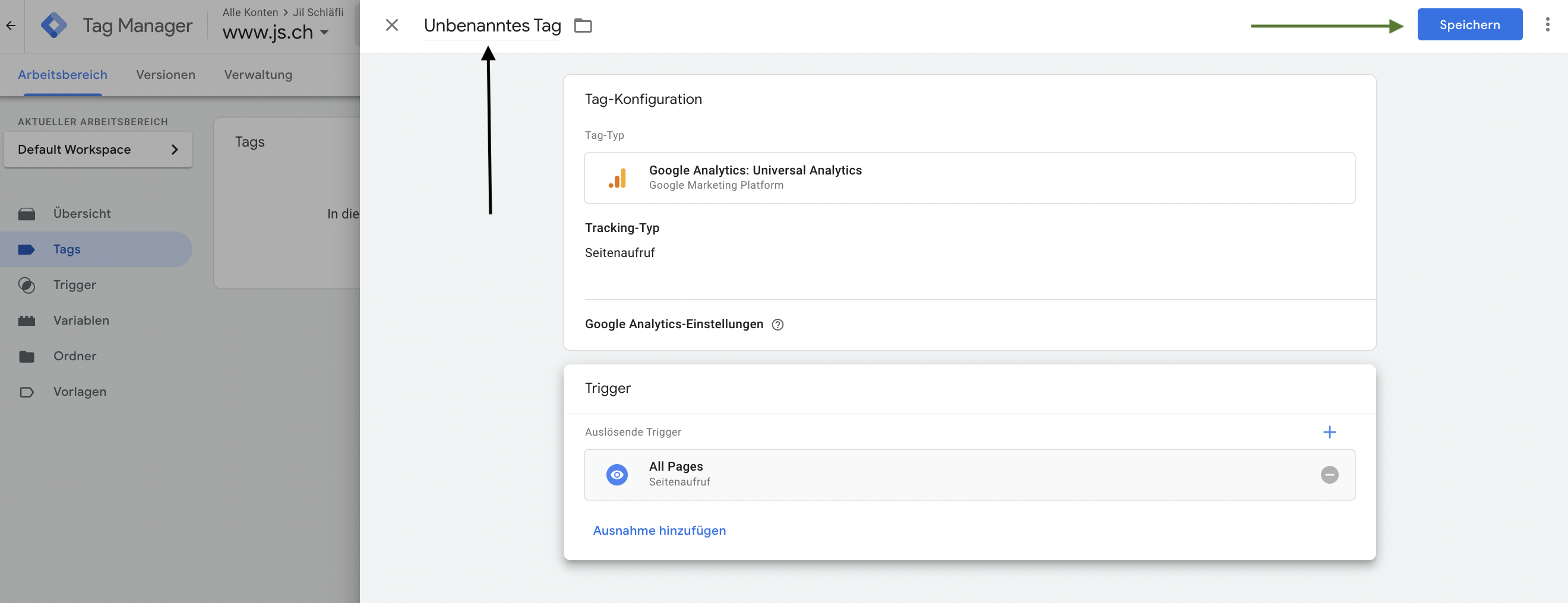Google Tag Manager Google Analytics Universal benennen des Tags
