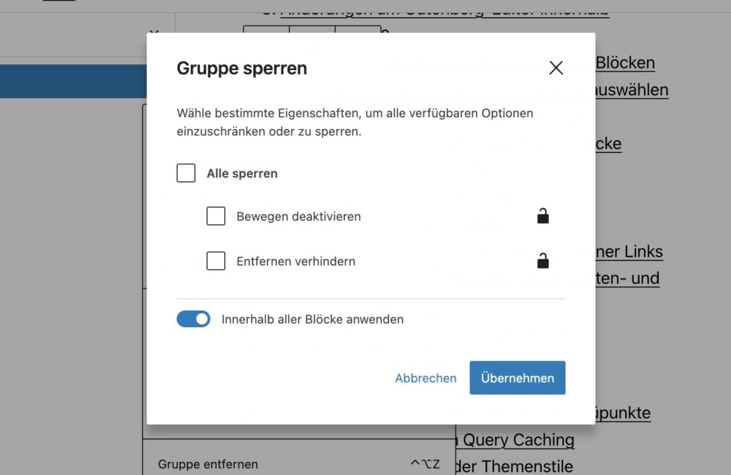 WordPress 6.1 Gutenberg Editor Innherhalb Gruppe sperren