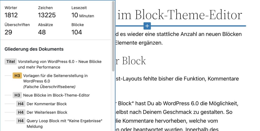WordPress 6.1 Gutenberg Editor meldet falsche Heading hierarchie